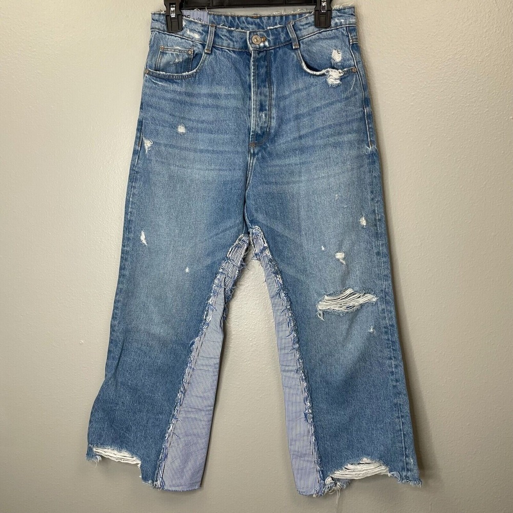 Zara Distressed Flare Cropped Jeans Womens 2 Blue TRF Denim Striped Patchwork